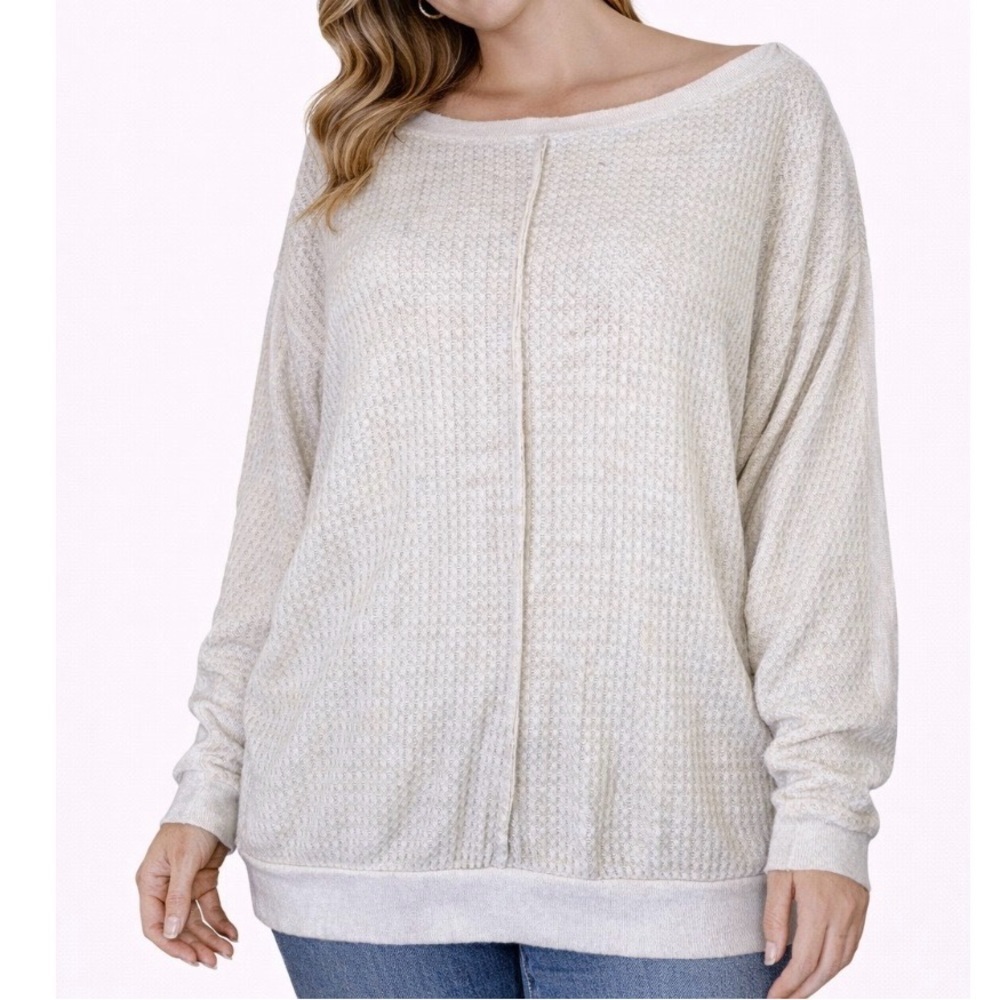 Ella Mane top blouse waffle knit vanilla/oatmeal color long sleeve lightweight